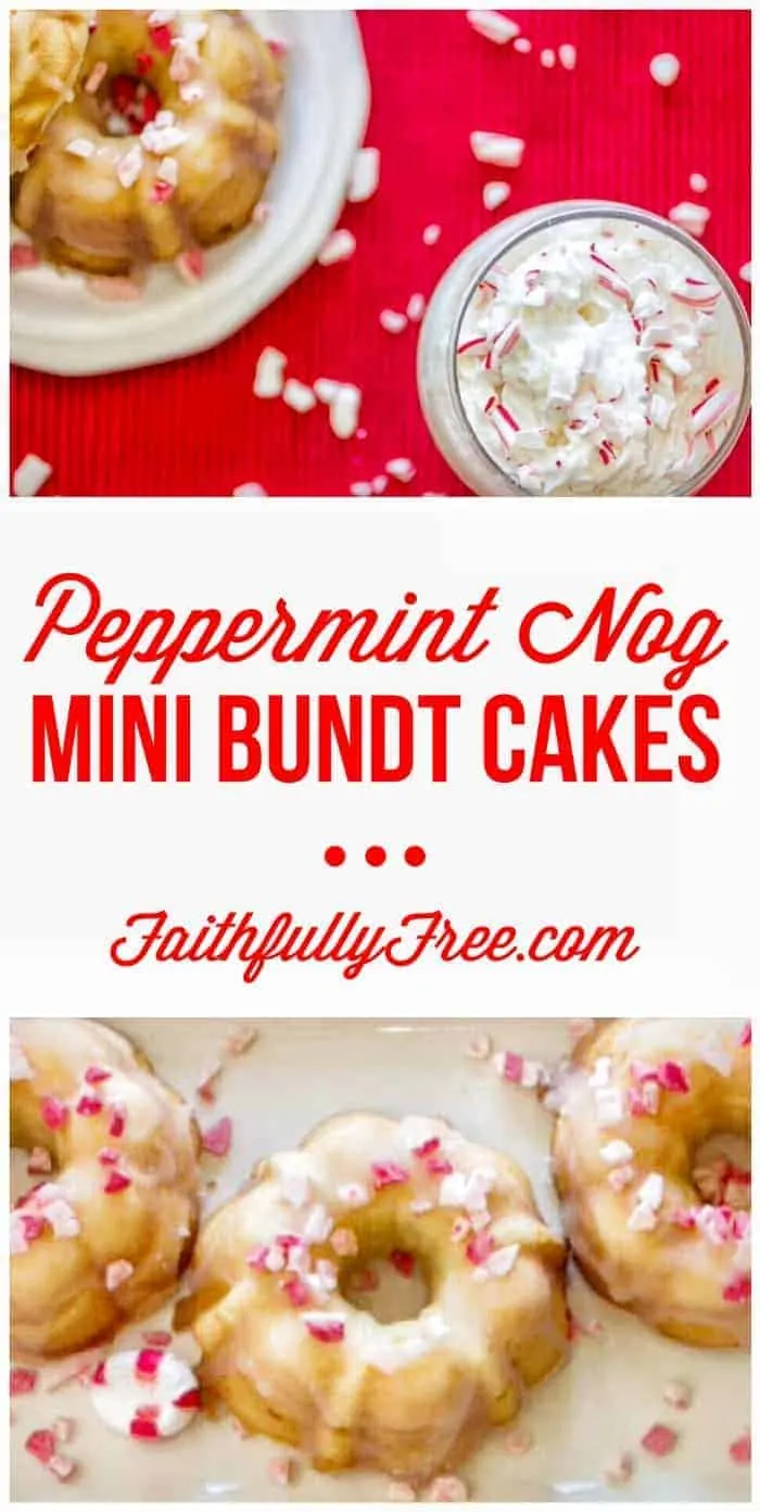 Faithfully Free Peppermint Nog Mini Bundt Cakes - Perfect little bundt cakes for your next holiday party. Minter is coming!