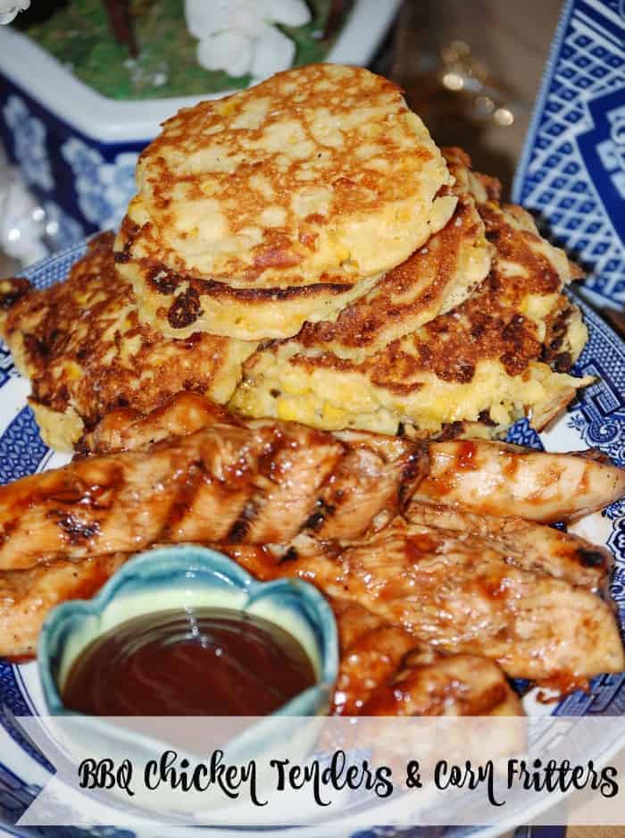 chicken tenders with bbq sauce and corn fritters