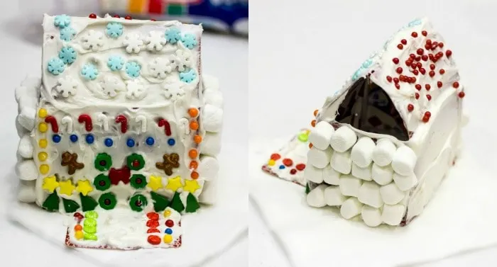 DIY Christmas Candy Houses made out of old playing cards and candy pieces. Don't forget your frosting! Affordable Christmas Crafts for Kids!