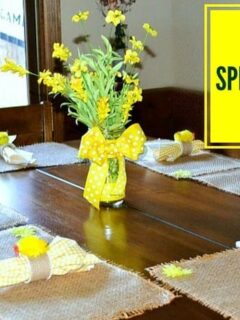 DIY Spring Dining Room Table Decorations. Spring Placemats, Spring Napkin Rings, and Spring flower table arrangements.