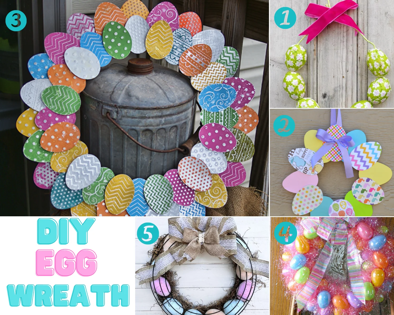Five egg wreath craft projects from different blogs.