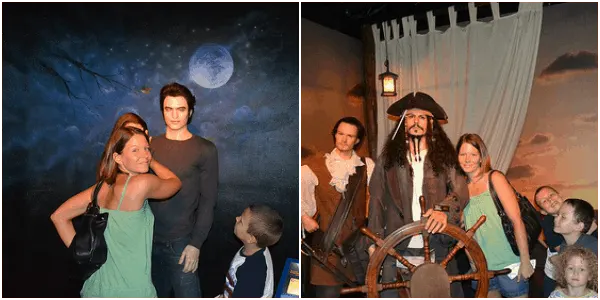 posing with Twilight and Pirates of the Caribbean wax figures at the Hollywood Wax Museum in Branson, MO