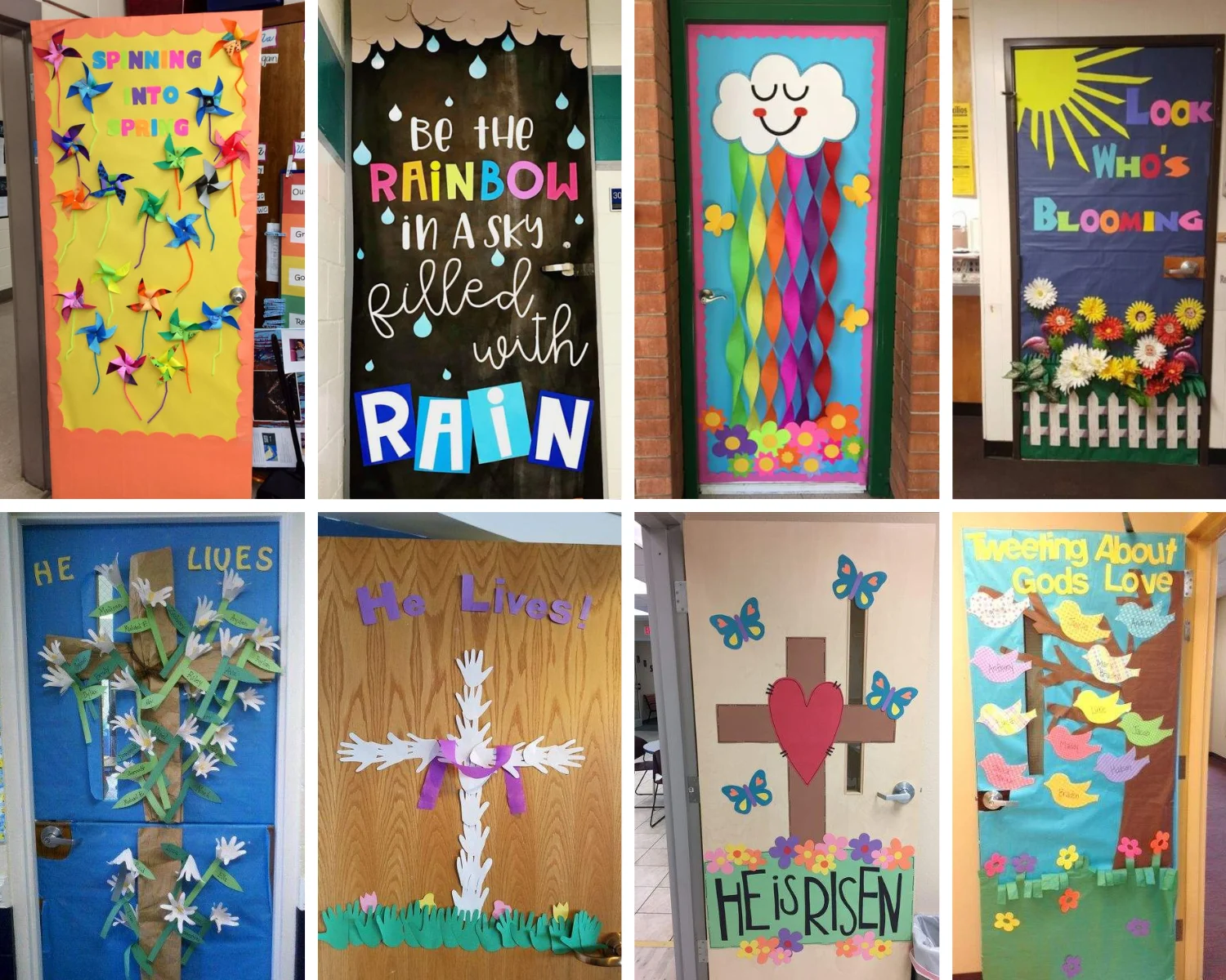 Eight classroom door decorations from Pinterest featuring . Rainbows, Flowers, Birds, and Crosses. 
