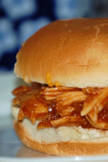 Pulled barbecue chicken piled inside a soft sandwich bun, with tangy sauce visible on the chicken and a blue patterned background.