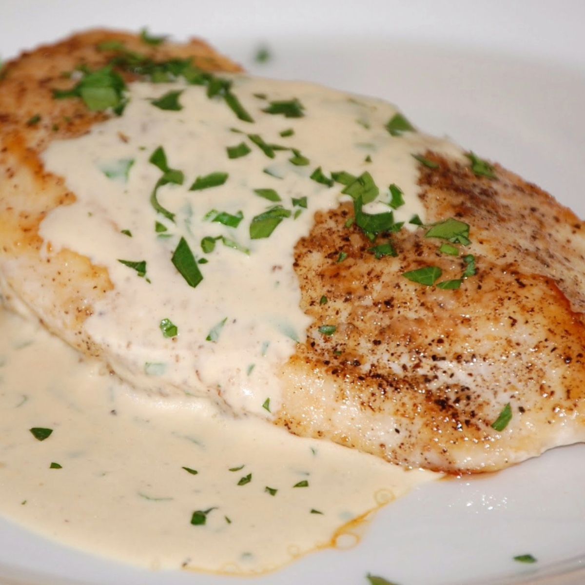 Pan-seared chicken breast topped with a creamy mustard sauce and garnished with chopped parsley, served on a white plate.