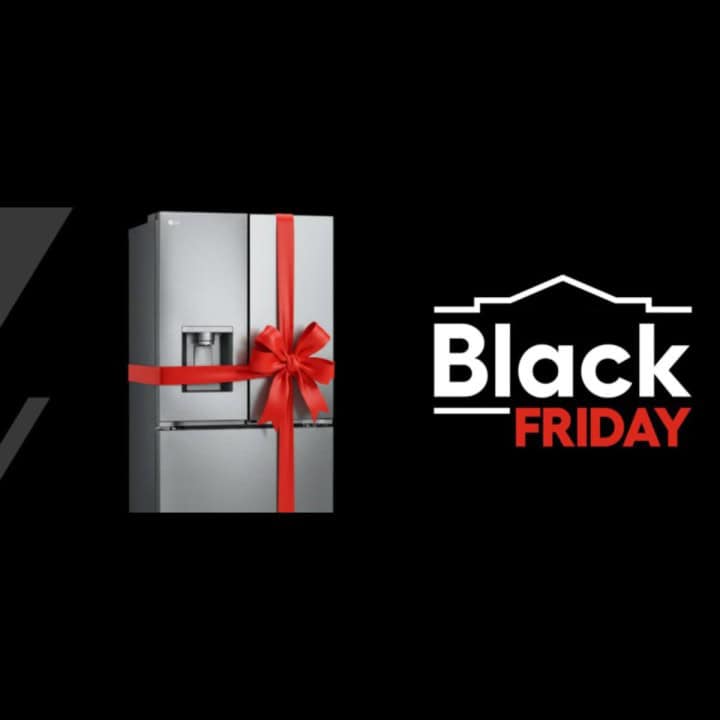Black background, fridge with a red bow, text reads black friday